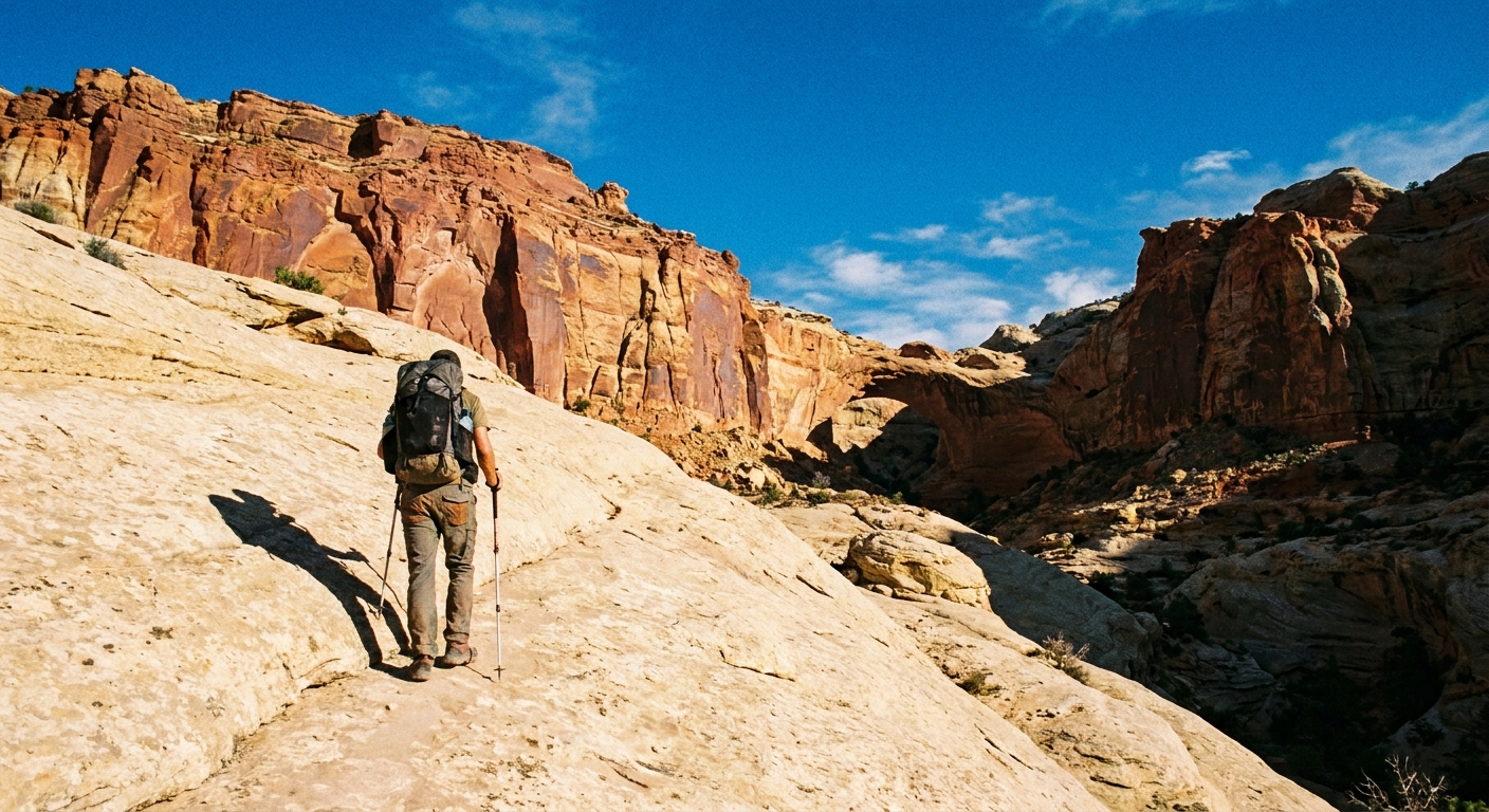 A hiker walking up pale sandstone slickrock on the Cassidy Arch Trail in Capitol Reef National Park with red canyon walls and blue sky behind, natural light travel photo