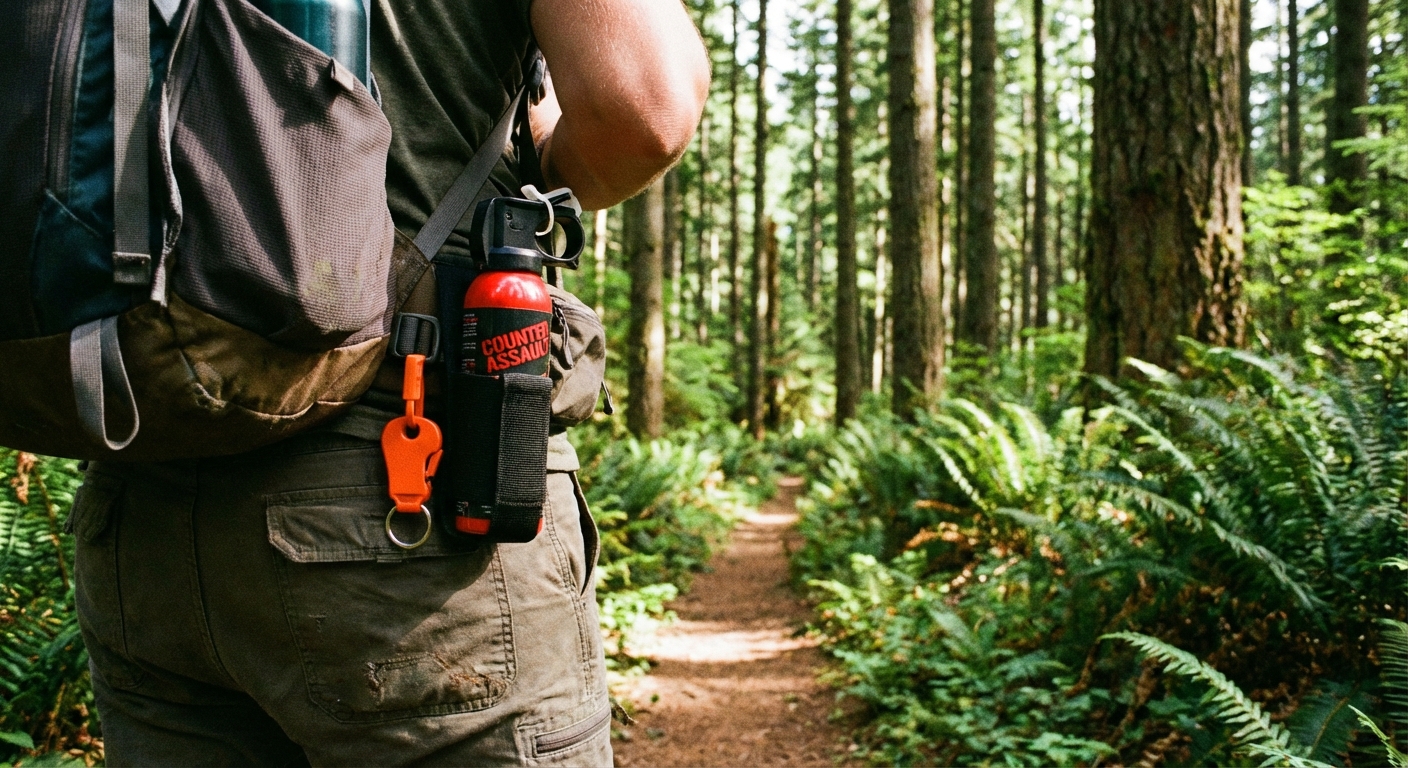 A hiker wearing a bear spray canister in a holster on a hip belt with the safety clip visible, photographed on a forest trail