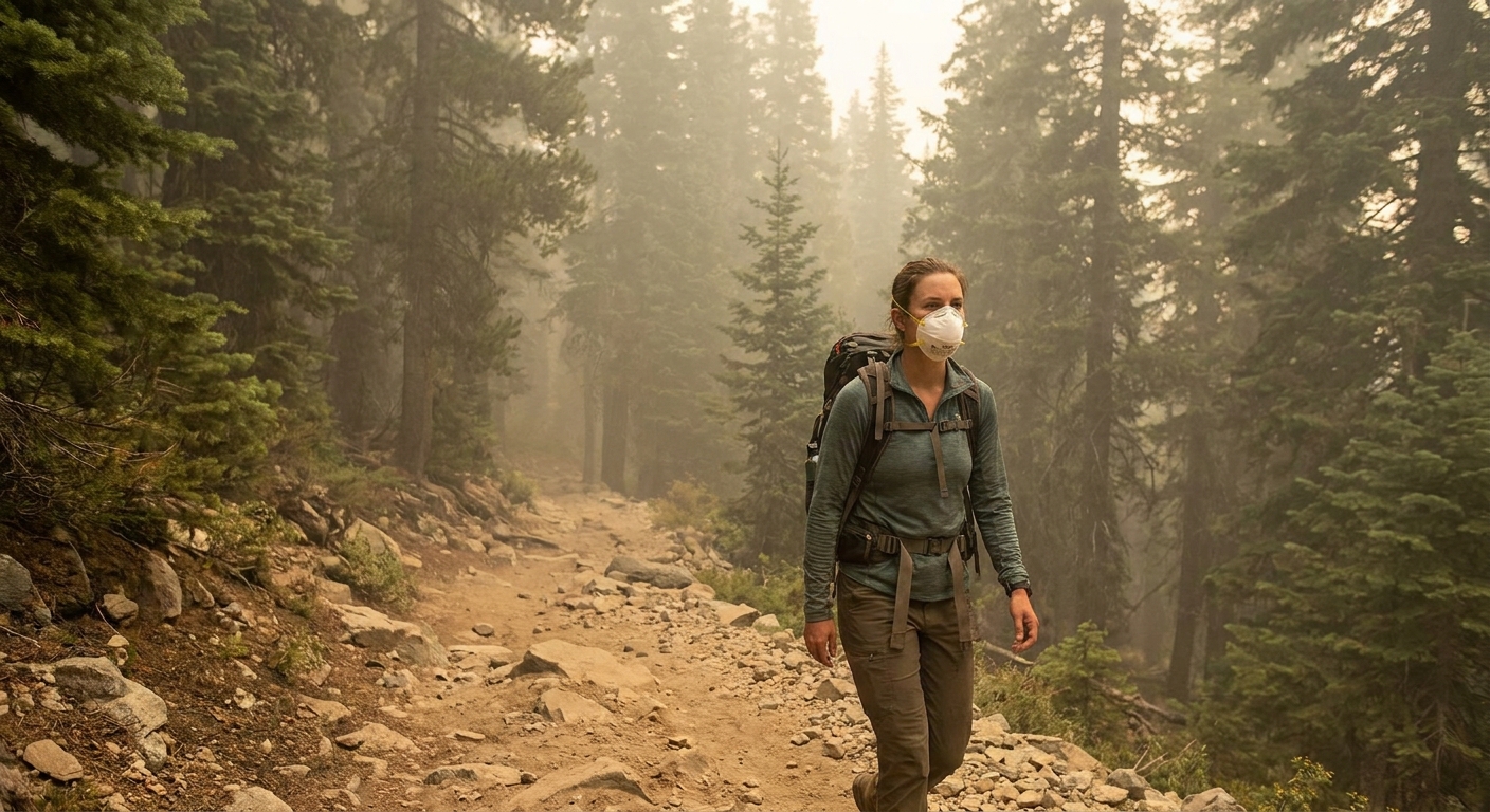 A hiker wearing a properly fitted N95 respirator while walking on a forested mountain trail under a smoky haze, realistic outdoor photography