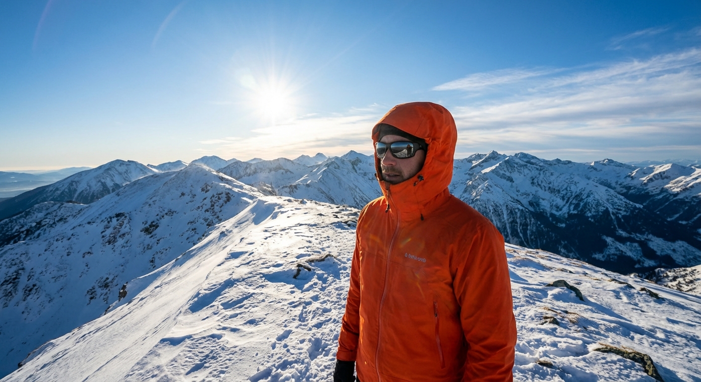 A hiker wearing sunglasses and a hooded shell jacket standing on a snowy ridge with strong sunlight and distant mountains, crisp winter landscape photography