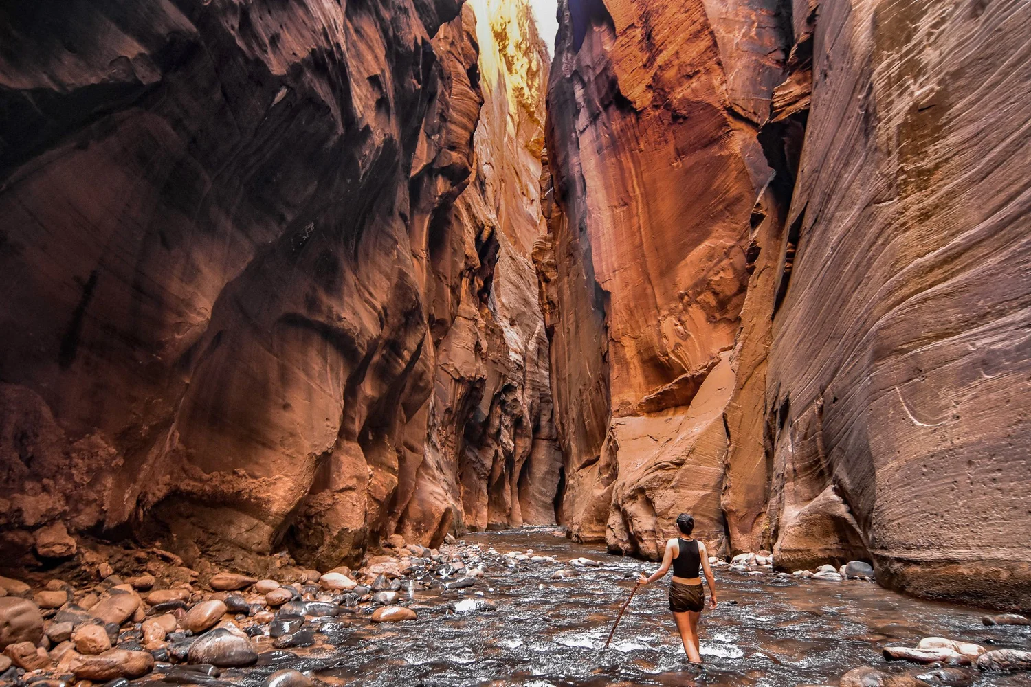 A hiker’s hands gripping a smooth wooden hiking stick planted in shallow flowing water over round river stones in Zion Narrows