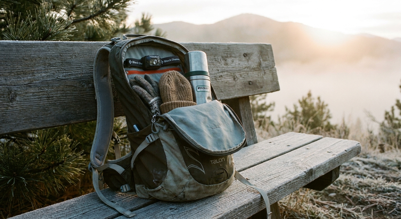 A hiker’s open daypack on a wooden trailhead bench with a headlamp, gloves, a beanie, and a metal thermos packed neatly for a cold sunrise start, realistic travel photography