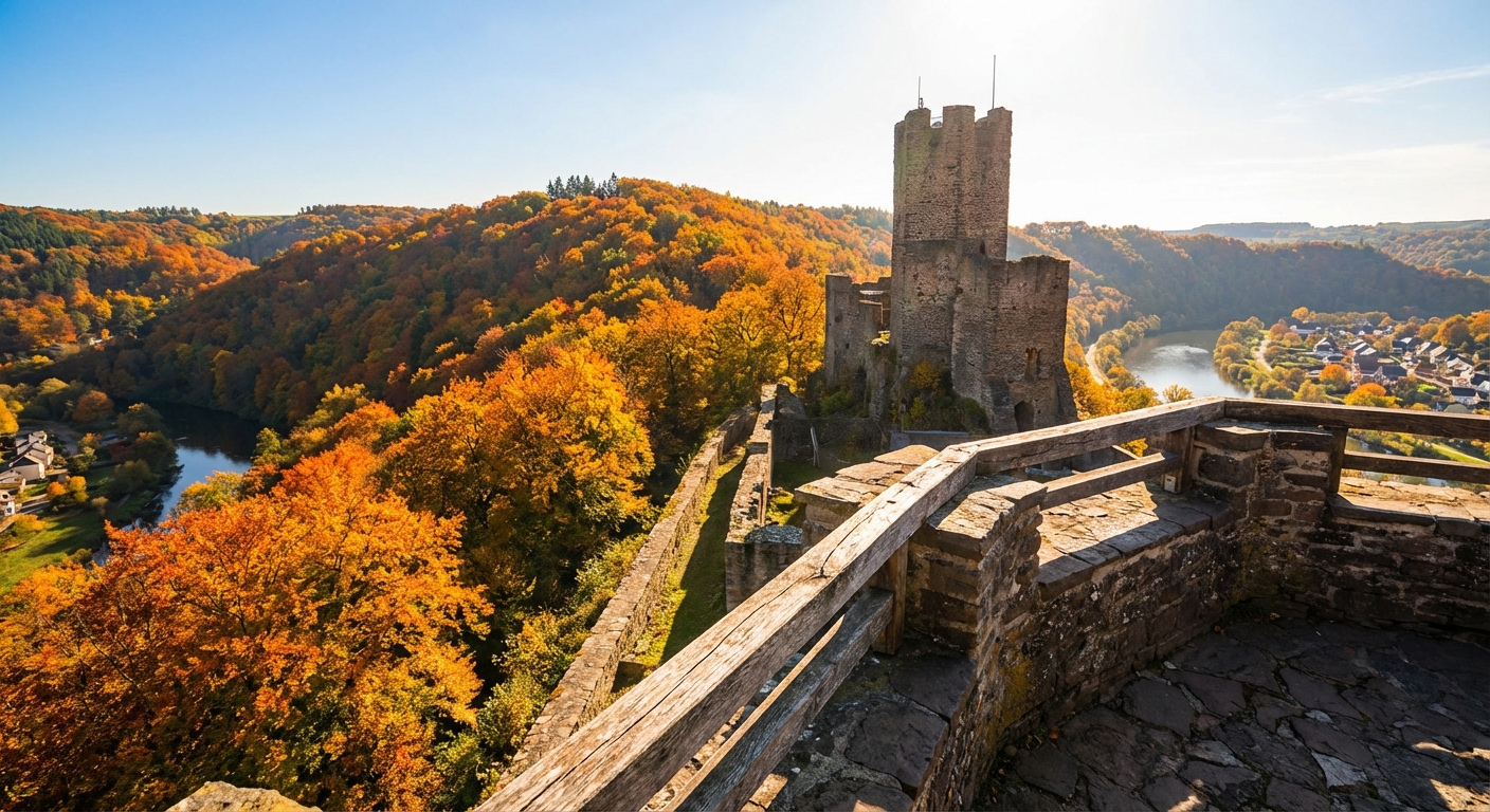 A historic stone tower rising above a wooded ridgeline with orange and yellow fall foliage, viewed from a nearby overlook under bright afternoon light, photorealistic