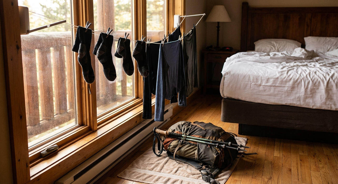 A hotel room with a travel clothesline strung near a window, damp hiking socks and a base layer hanging to dry, a backpack resting on a towel on the floor, photorealistic travel photography