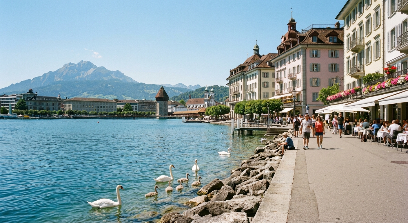 A lakeside promenade on Lake Lucerne with swans near the shore, pastel buildings behind, and mountains framing the water on a clear day, photorealistic travel photography