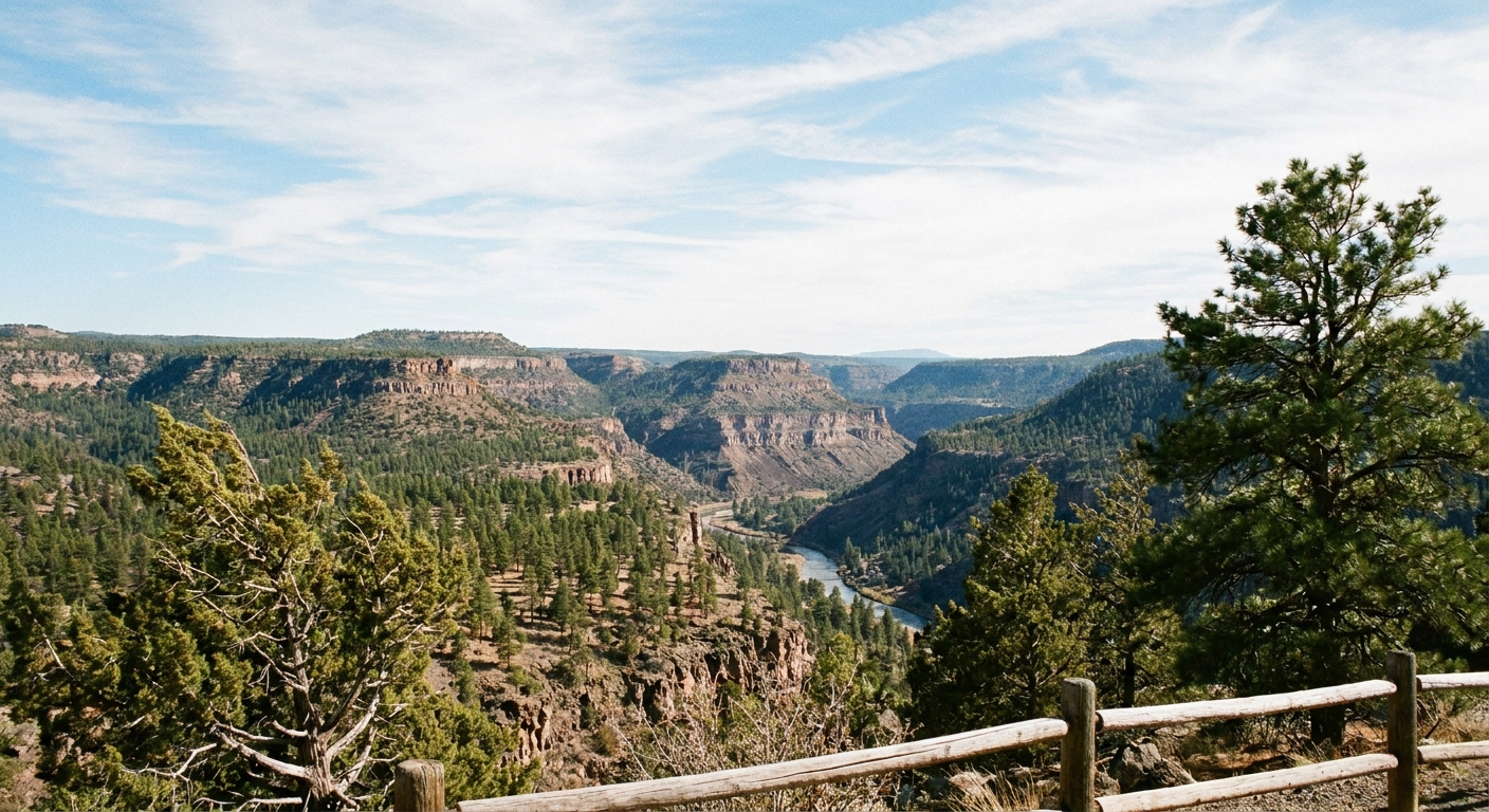 A landscape photo from a Los Alamos overlook showing a deep canyon with pine trees and layered mesas under a bright, breezy sky