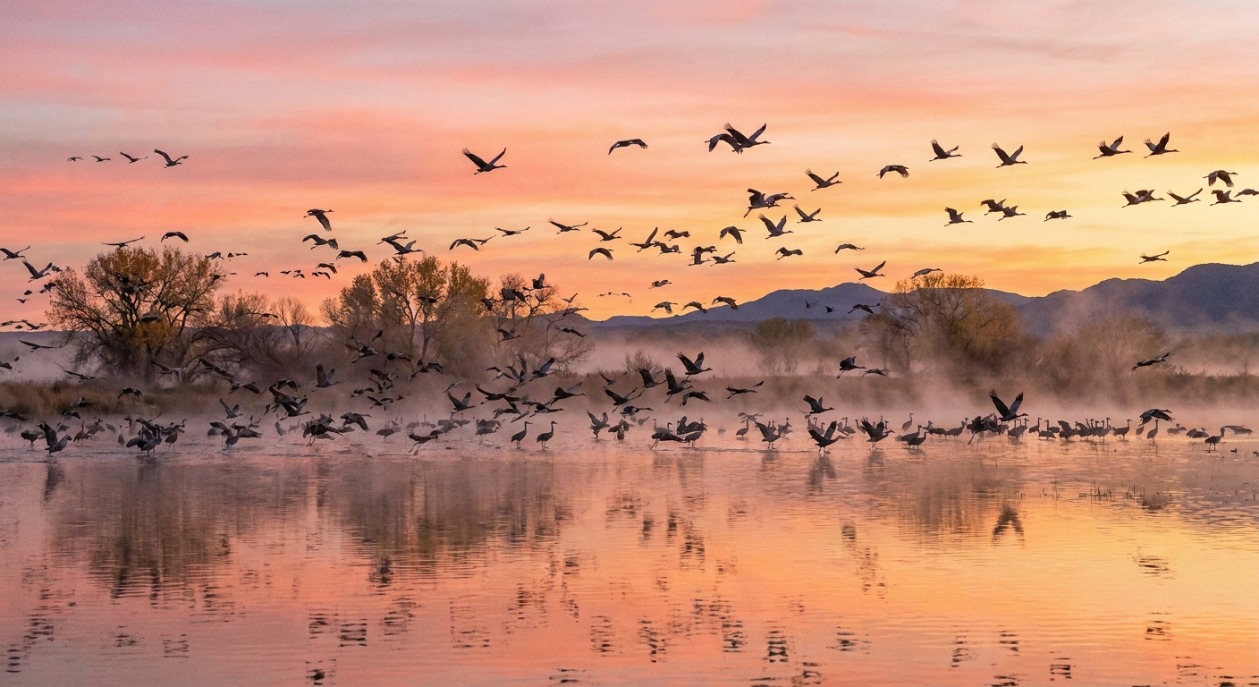 A large flock of sandhill cranes lifting off from a misty wetland at sunrise at Bosque del Apache near Socorro, New Mexico, with pink-orange sky reflecting on calm water