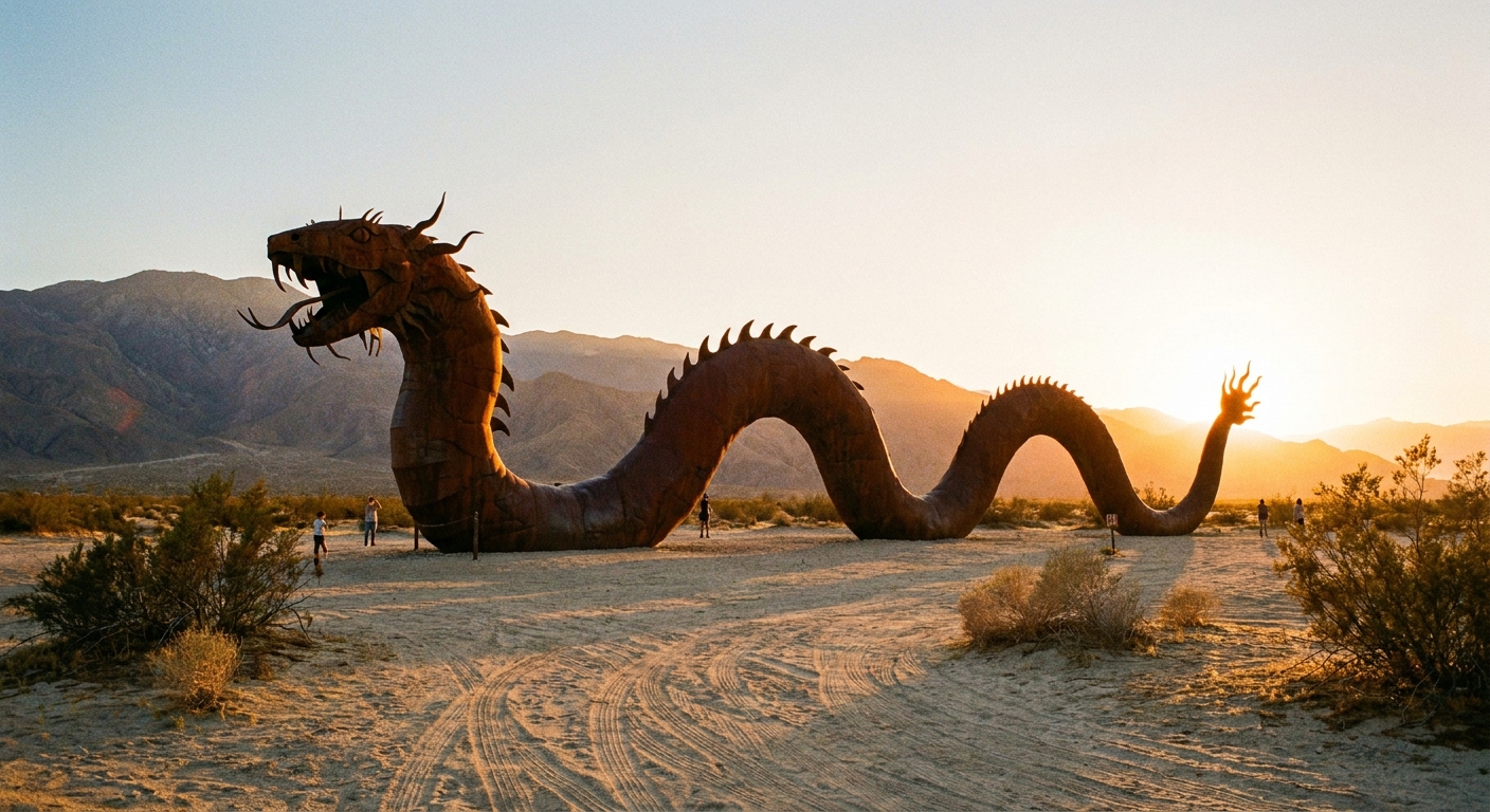 A large metal desert sculpture in Borrego Springs standing in open sand with mountains in the background under warm evening light, realistic travel photography