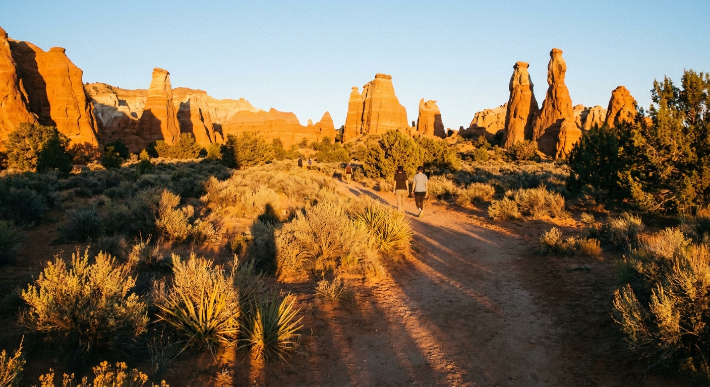 A late afternoon photograph near the Angel’s Palace Trail in Kodachrome Basin State Park, with warm golden light casting long shadows across the desert floor and chimneys rising in the distance