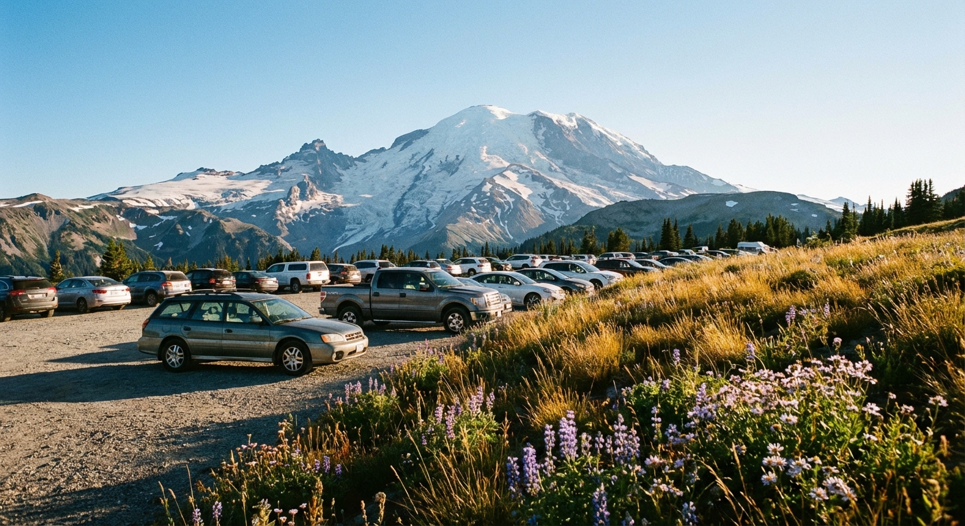 A late-summer photograph from the Sunrise area at Mount Rainier showing parked cars near the Sunrise lot and a wide view of Mount Rainier in the distance under clear skies