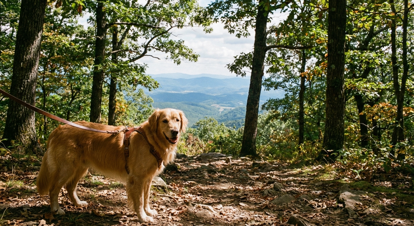 A leashed dog standing on a wooded trail with dappled sunlight and blue ridge mountains visible through the trees in Shenandoah National Park, photorealistic outdoor photography