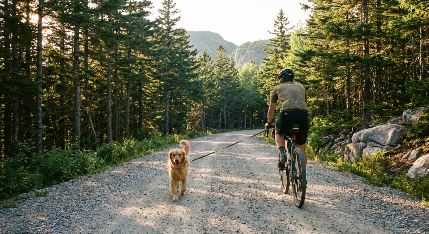 A leashed dog walking beside a cyclist on a wide gravel carriage road lined with pine trees in Acadia National Park, late afternoon light, photorealistic travel photography