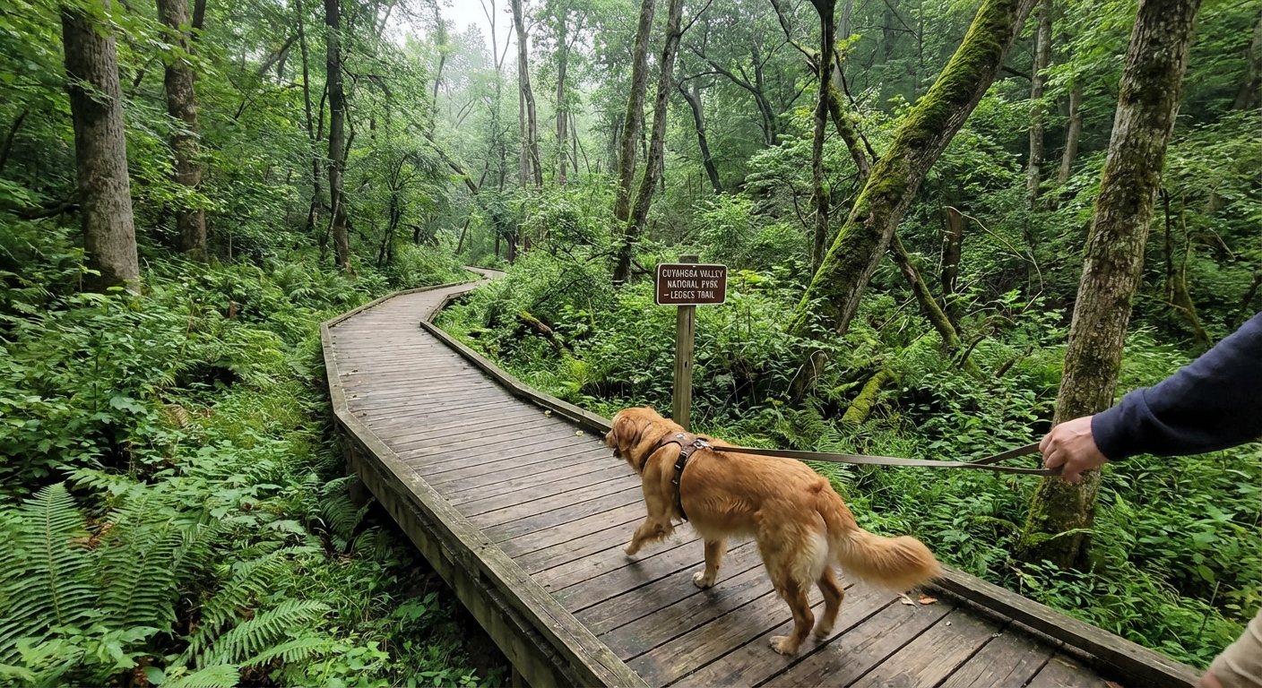 A leashed dog walking on a wooden boardwalk through a lush green forest in Cuyahoga Valley National Park, soft overcast light, photorealistic travel photography
