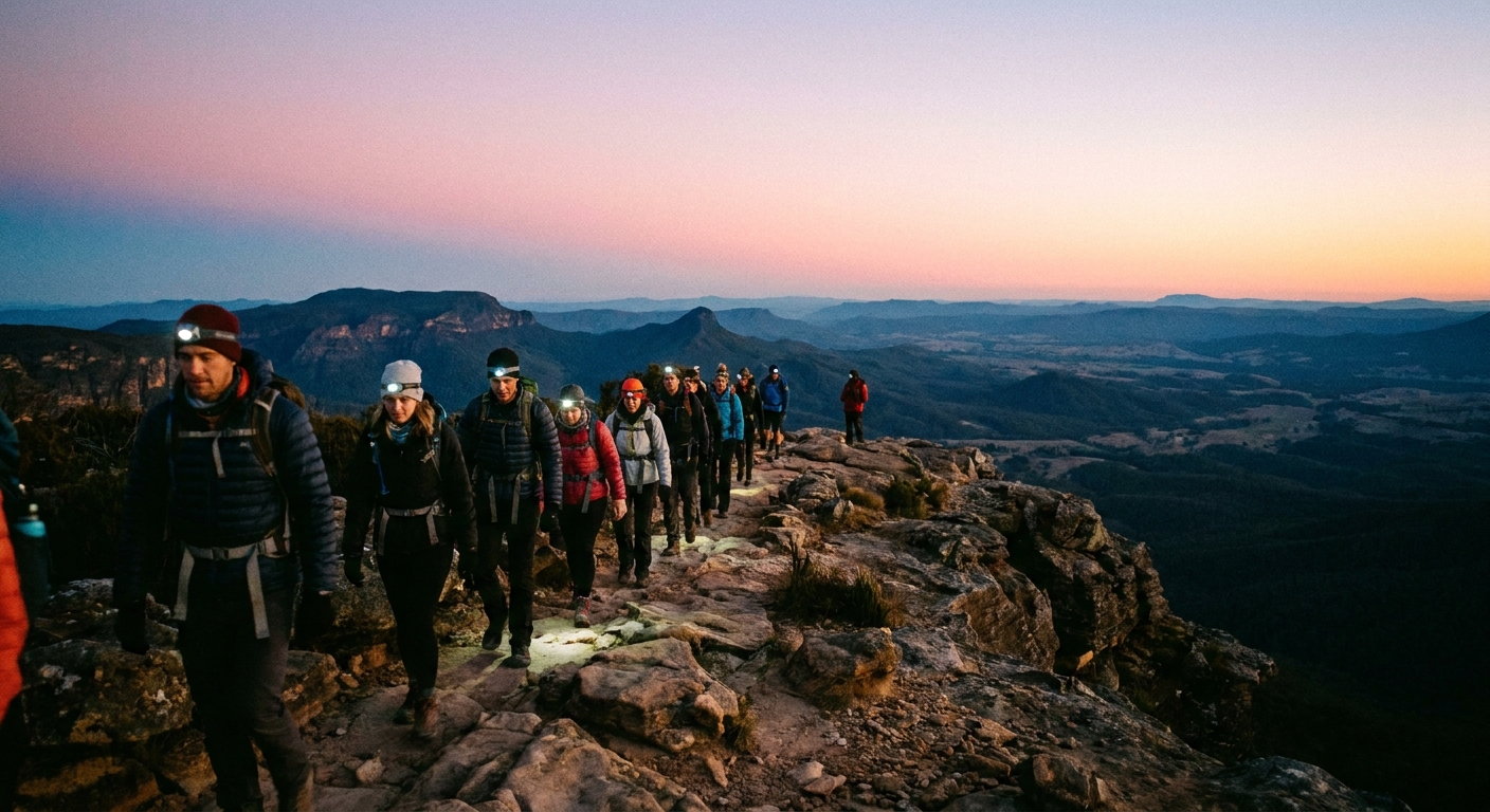 A line of hikers wearing headlamps walking along a rocky trail toward a wide overlook as the sky begins to turn pink before sunrise, realistic outdoor travel photo