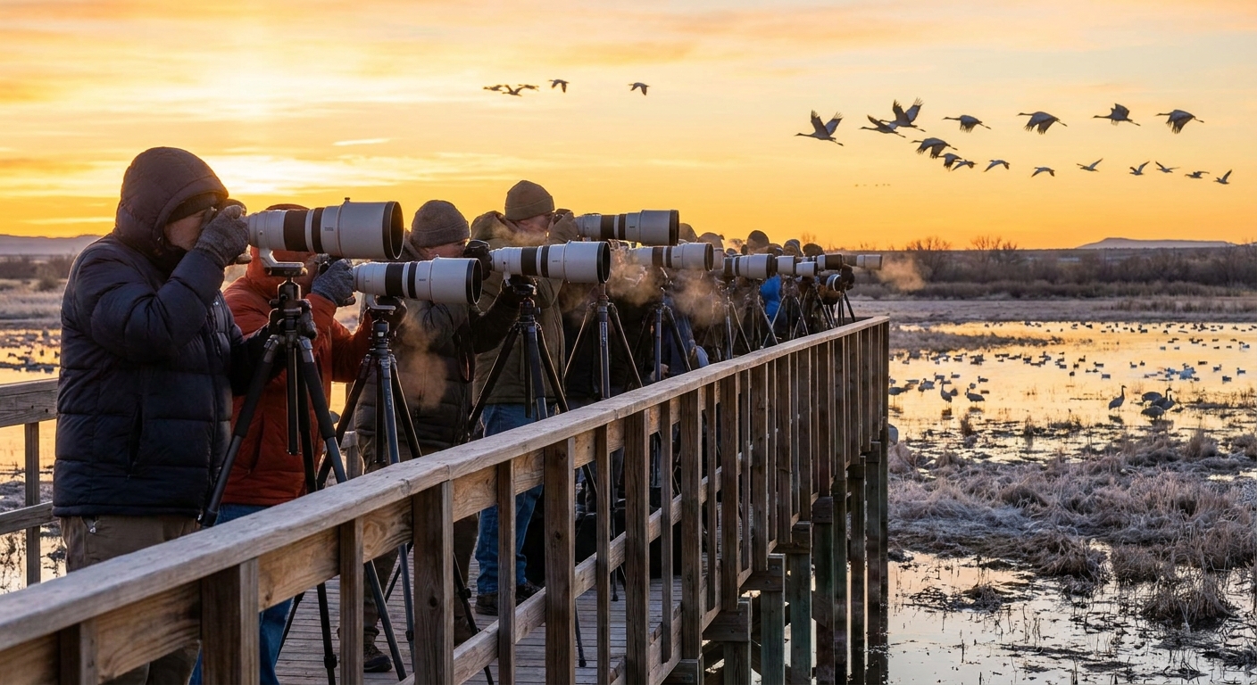 A line of photographers on the Bosque del Apache Flight Deck at sunrise, wearing winter jackets and aiming long lenses toward cranes flying over a wetland