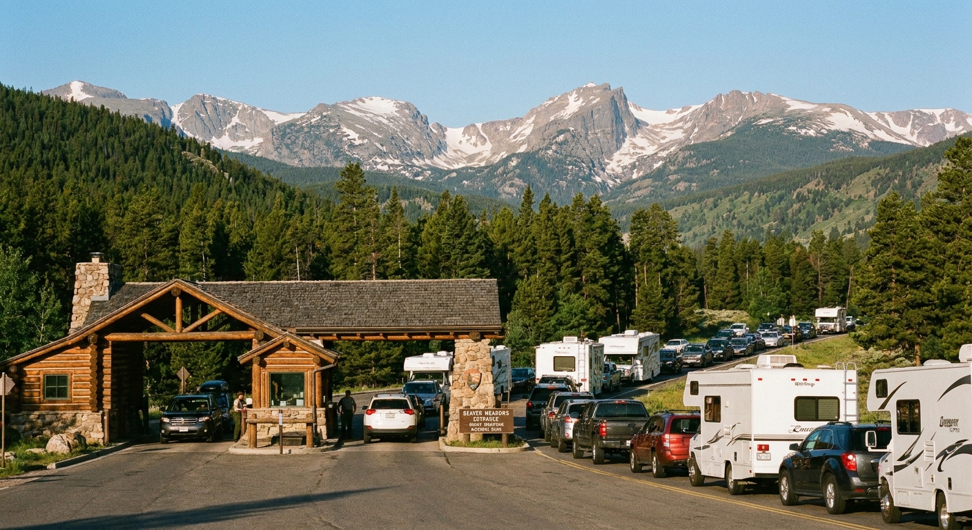A line of vehicles approaching the Beaver Meadows Entrance Station at Rocky Mountain National Park on a clear morning, with evergreen trees and distant mountains in the background, real travel photography style