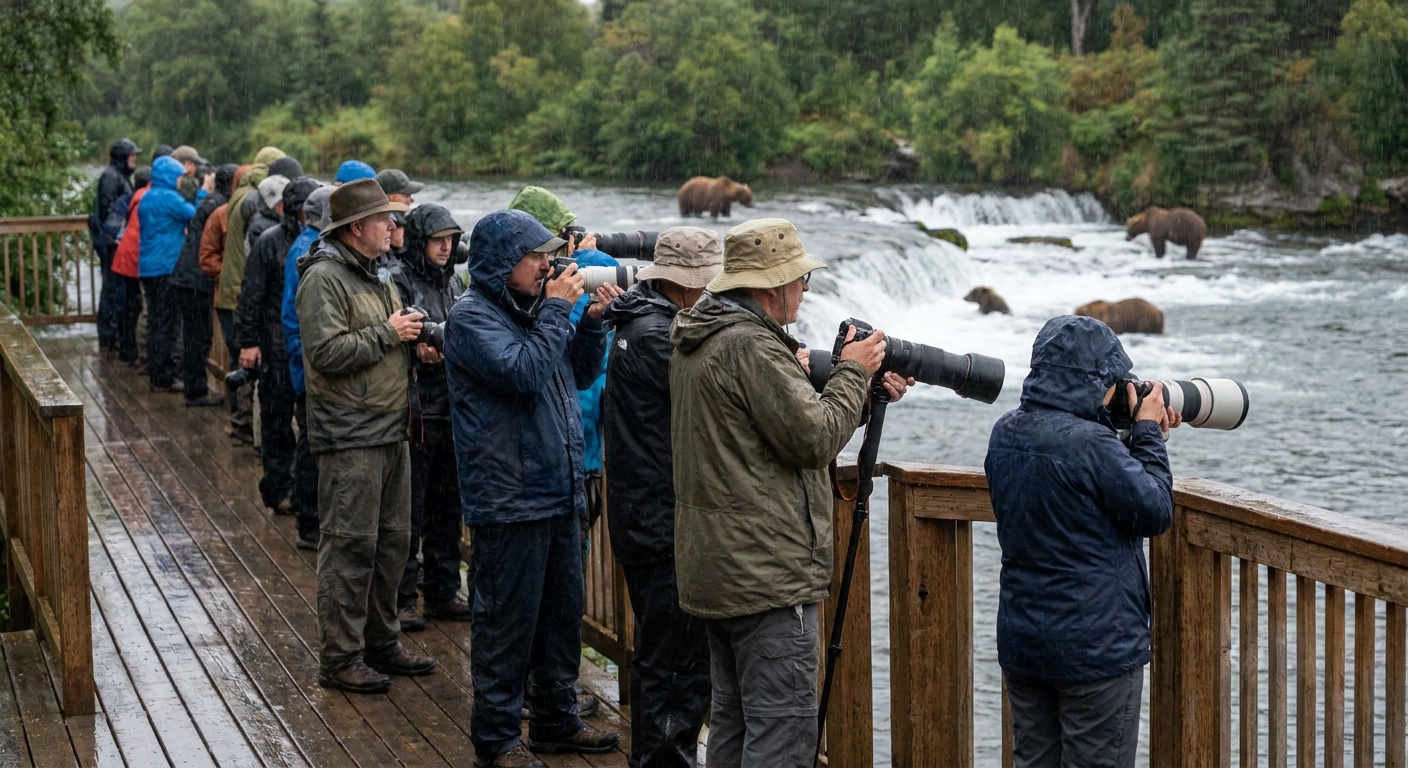 A line of visitors in rain jackets standing quietly on the Brooks Falls viewing platform, holding cameras with long lenses while looking toward the river, overcast Alaskan summer light