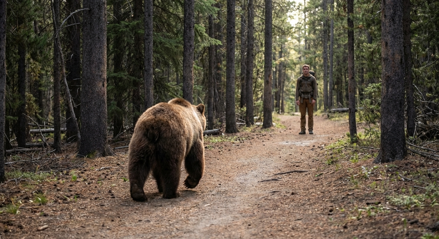 A lone bear walking across a narrow dirt hiking trail in a pine forest as a hiker stands far back on the trail, calm outdoor wildlife photography style