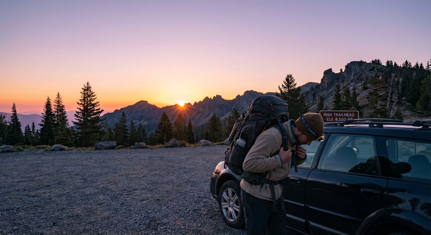 A lone hiker at a mountain trailhead at sunrise adjusting a backpack and headlamp beside a parked car, with pine trees and a high ridge silhouetted against a pink sky, photorealistic travel photography