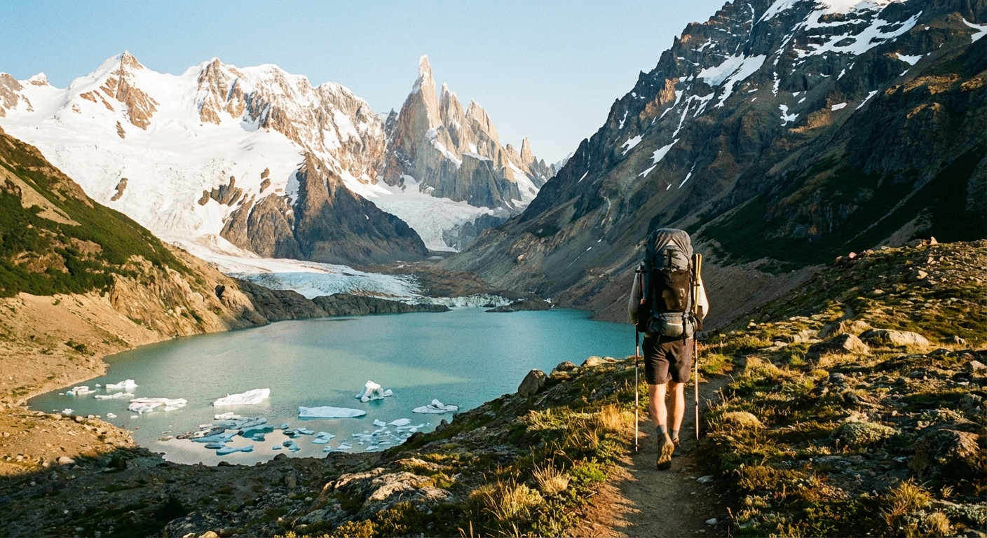 A lone hiker on a narrow dirt trail with jagged mountains and a glacial lake in the background.