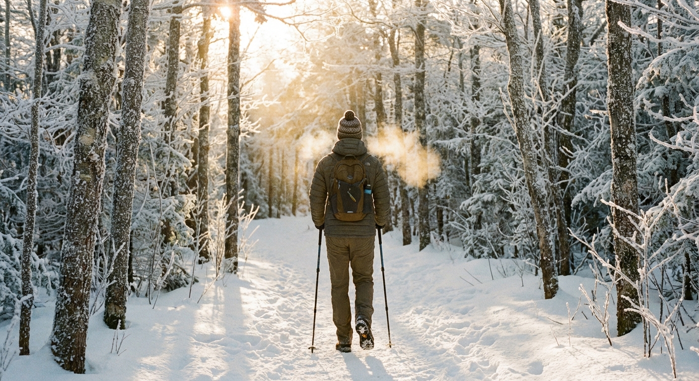 A lone hiker wearing a small daypack and trekking poles walking along a snow-covered forest trail at sunrise, with frosted trees and soft golden light, photorealistic outdoor photography