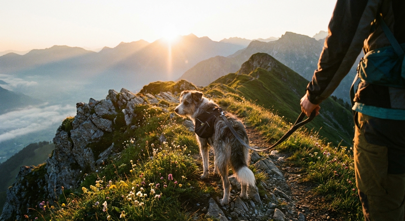 A medium-sized dog hiking on a narrow mountain trail at sunrise with a human holding a leash, real outdoor photography style