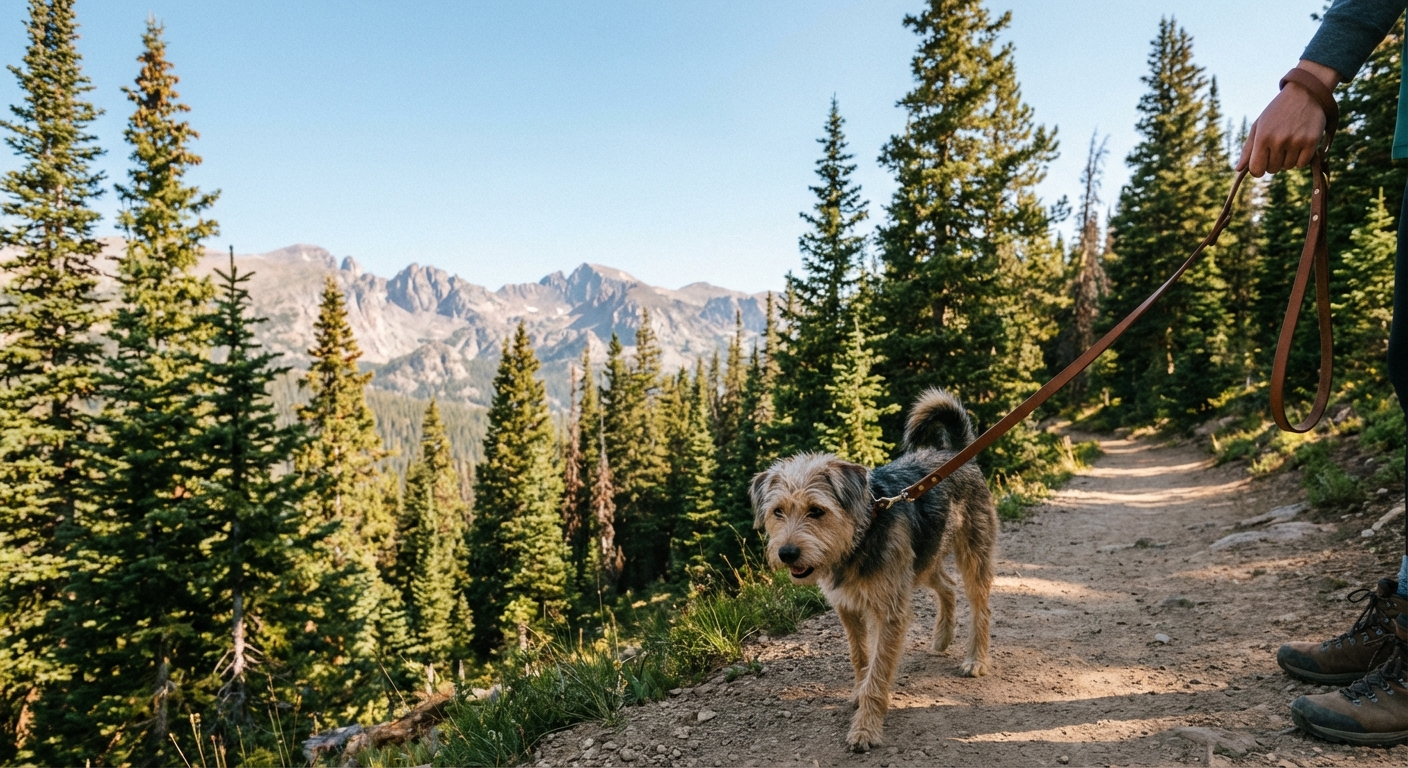 A medium-sized dog on a leash walking on a dirt hiking trail with evergreen trees and distant mountains under a clear sky, photorealistic outdoor travel photography