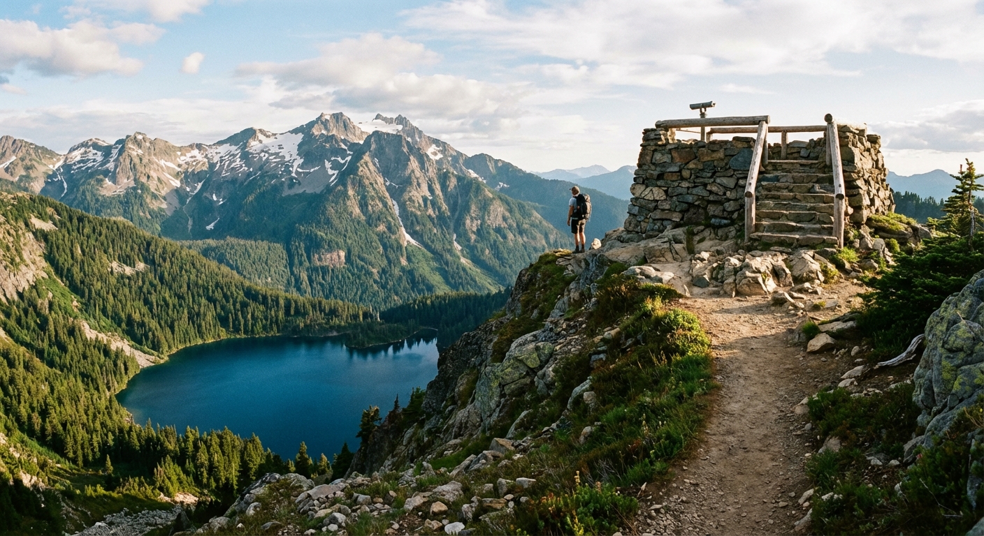 A mountain lookout viewpoint above a deep blue lake framed by evergreen forest and rugged peaks, with a narrow dirt trail leading to the summit, photorealistic outdoor photography