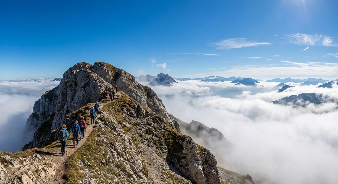 A mountain ridge on Mount Pilatus with hikers walking a narrow path above cloud layers and distant peaks under a bright summer sky, photorealistic travel photography
