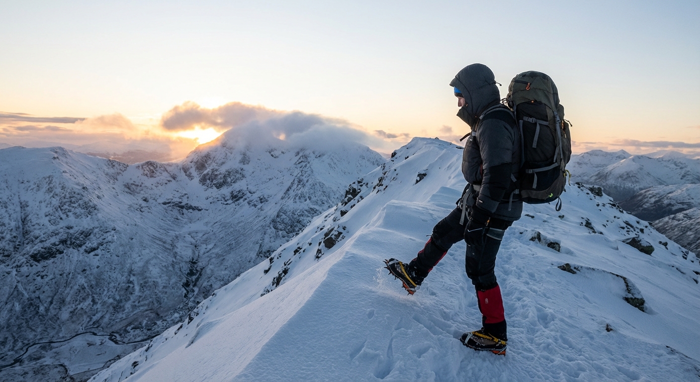 A mountaineer wearing metal crampons on sturdy boots while ascending a steep snow slope in winter mountains, real photo style