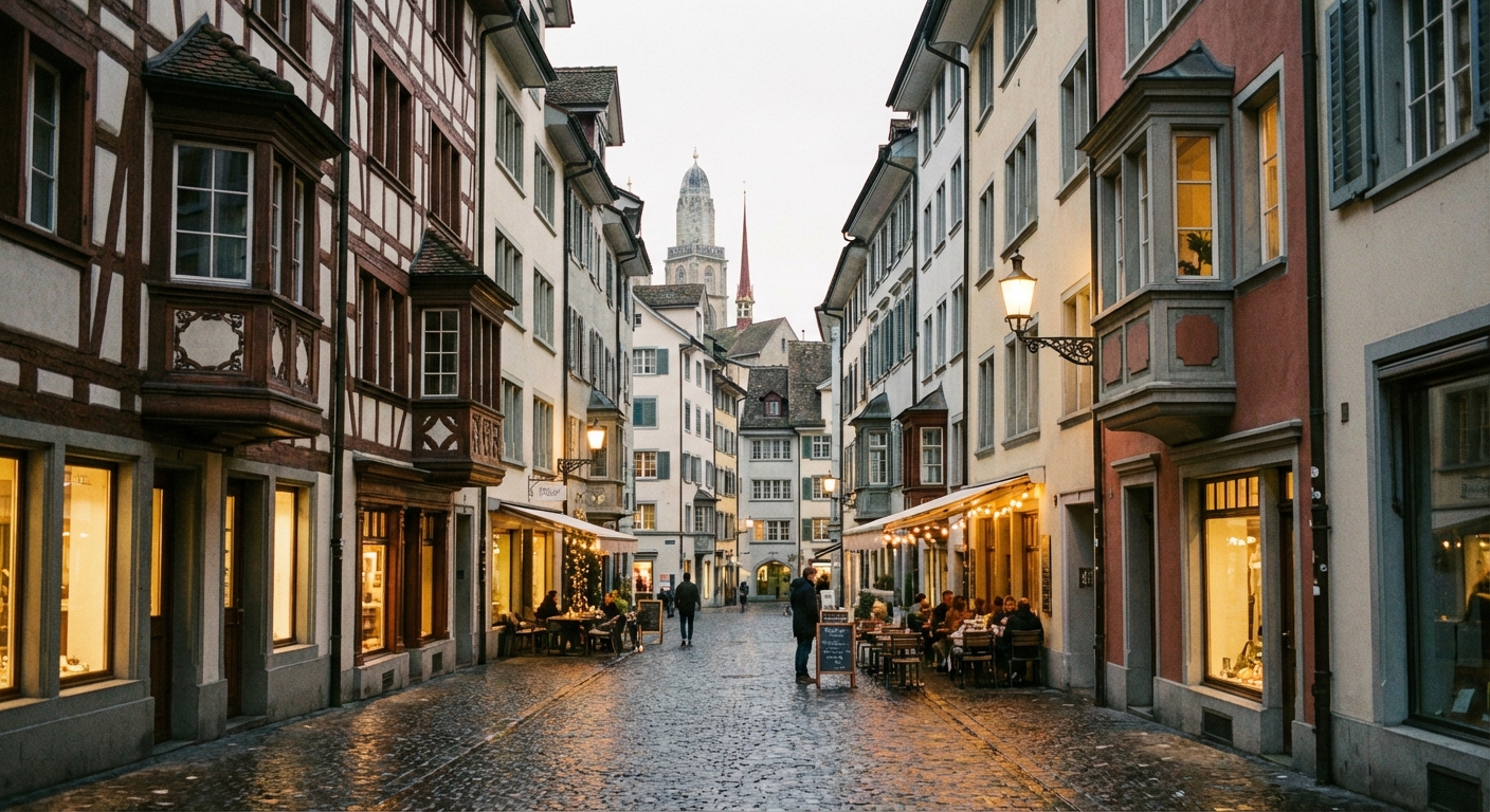 A narrow cobblestone street in Zurich Old Town with historic buildings, small shopfronts, and soft evening light, photorealistic travel photography
