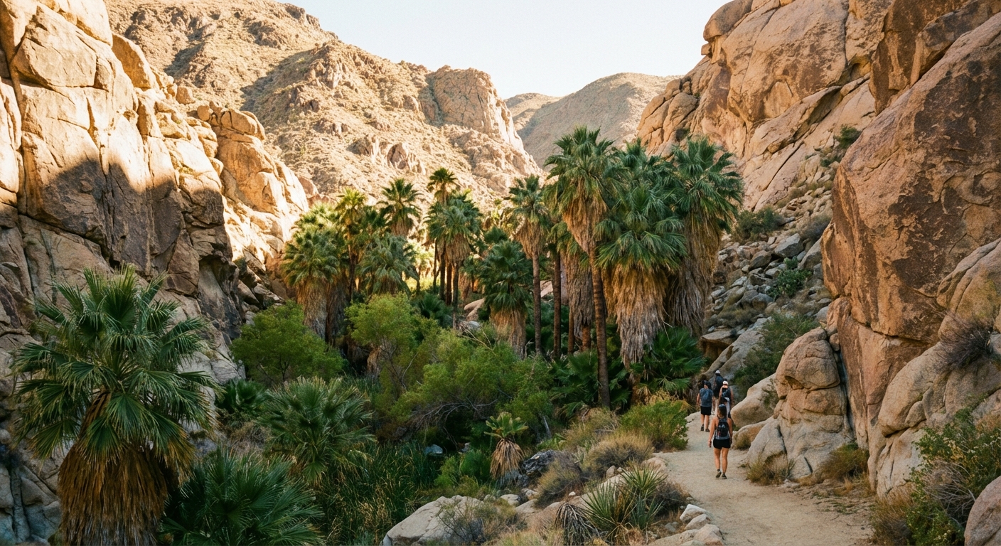 A narrow desert canyon leading to a palm oasis at 49 Palms in Twentynine Palms with tall fan palms clustered around green vegetation, rocky canyon walls, late afternoon light, photorealistic travel photography