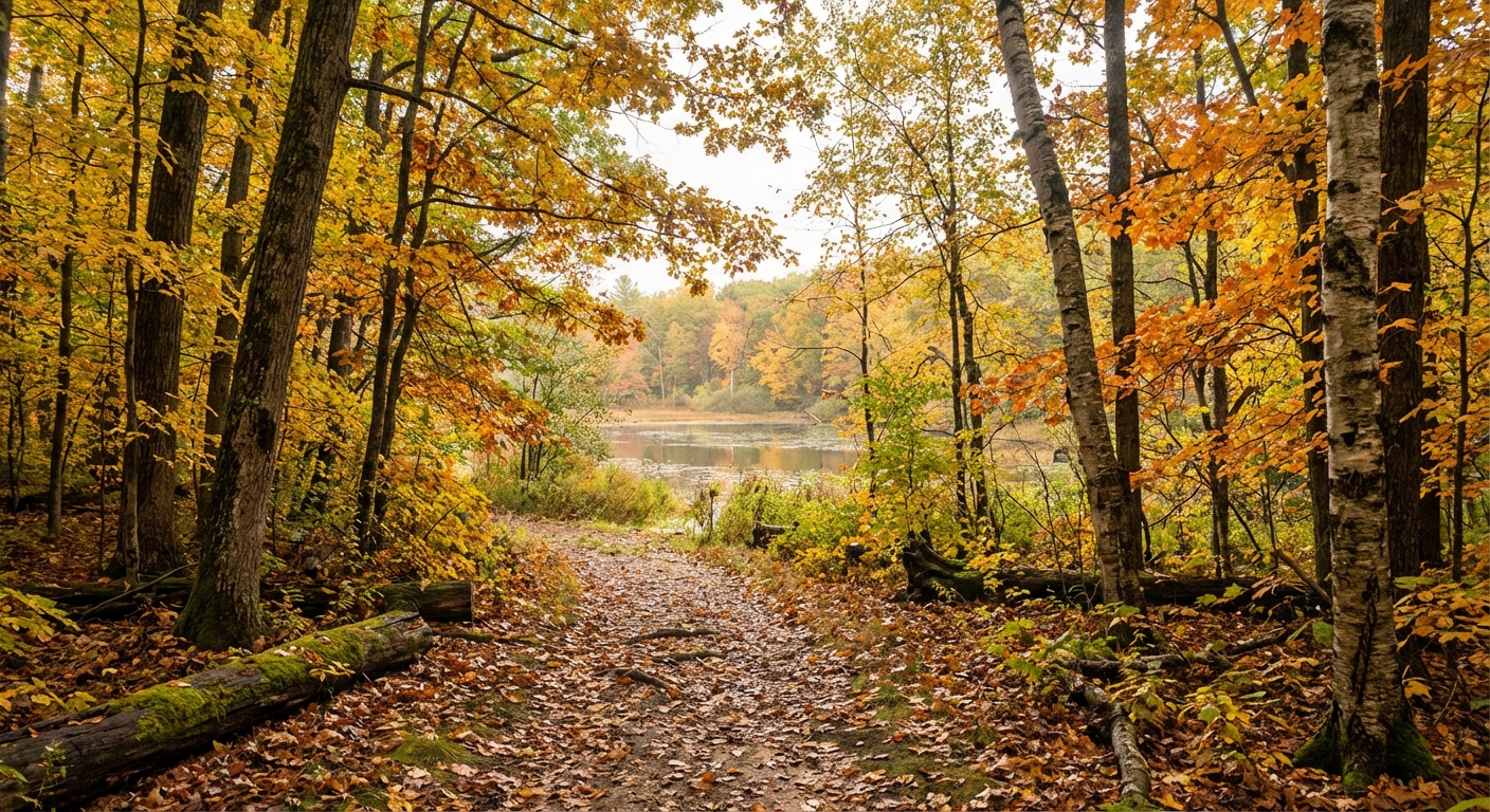 A narrow dirt trail through a dense deciduous forest with yellow and orange leaves, leading toward a still pond visible between trees, photorealistic nature photography