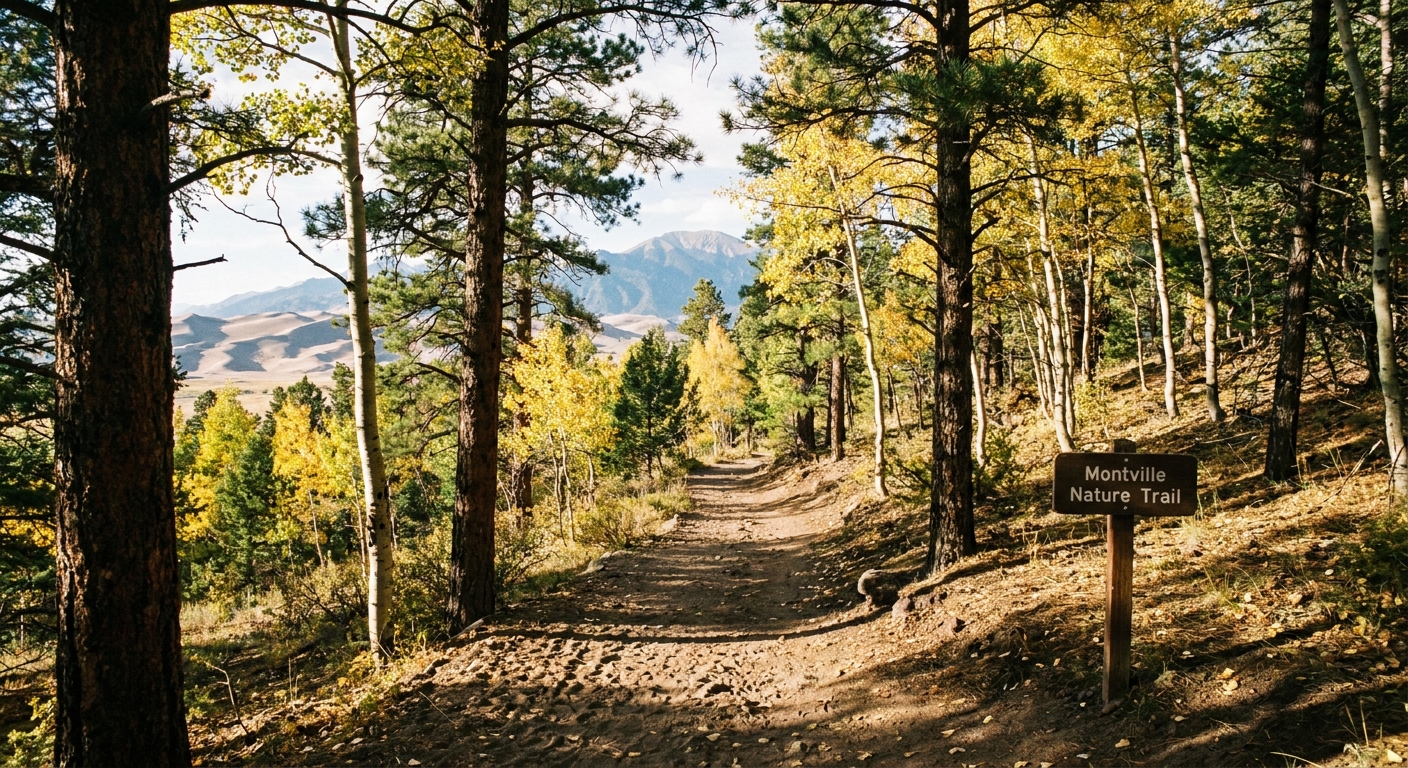A narrow dirt trail winding through a pine and aspen forest on the Montville Nature Trail in Great Sand Dunes National Park, real outdoor photo