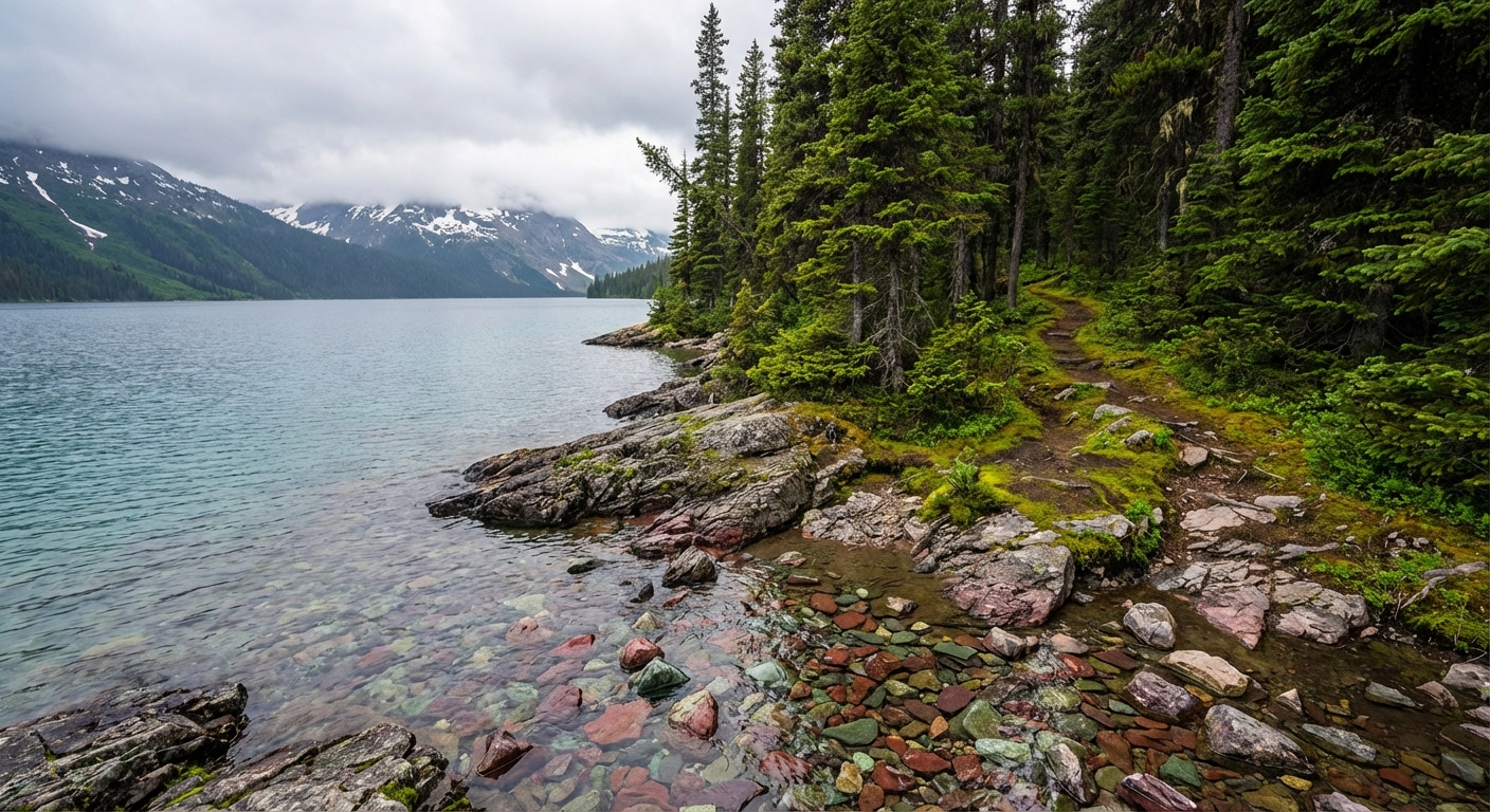A narrow forest trail opening to a rocky shoreline on a clear mountain lake with colorful stones under shallow water and distant peaks across the lake, soft overcast light, photorealistic