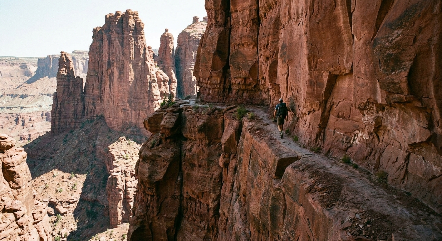 A narrow section of the Fisher Towers Trail carved into red sandstone with a steep drop-off to one side, photographed in clear daylight