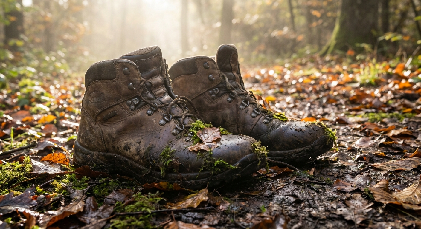 A pair of mid-cut hiking boots splattered with mud standing on a damp forest trail with wet leaves and soft morning light, close-up travel photography
