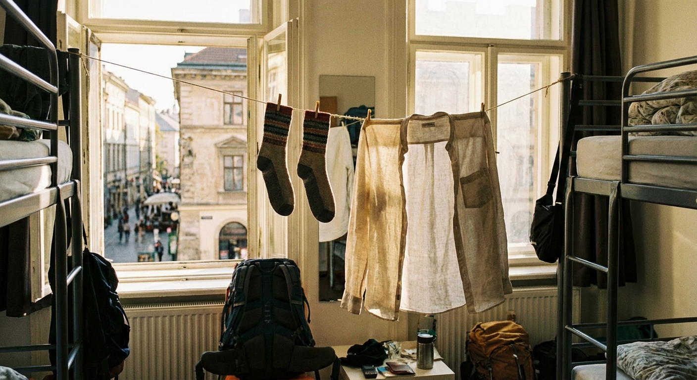 A pair of socks and a lightweight shirt drying on a simple travel clothesline in a hostel room near a sunny window, candid travel photo