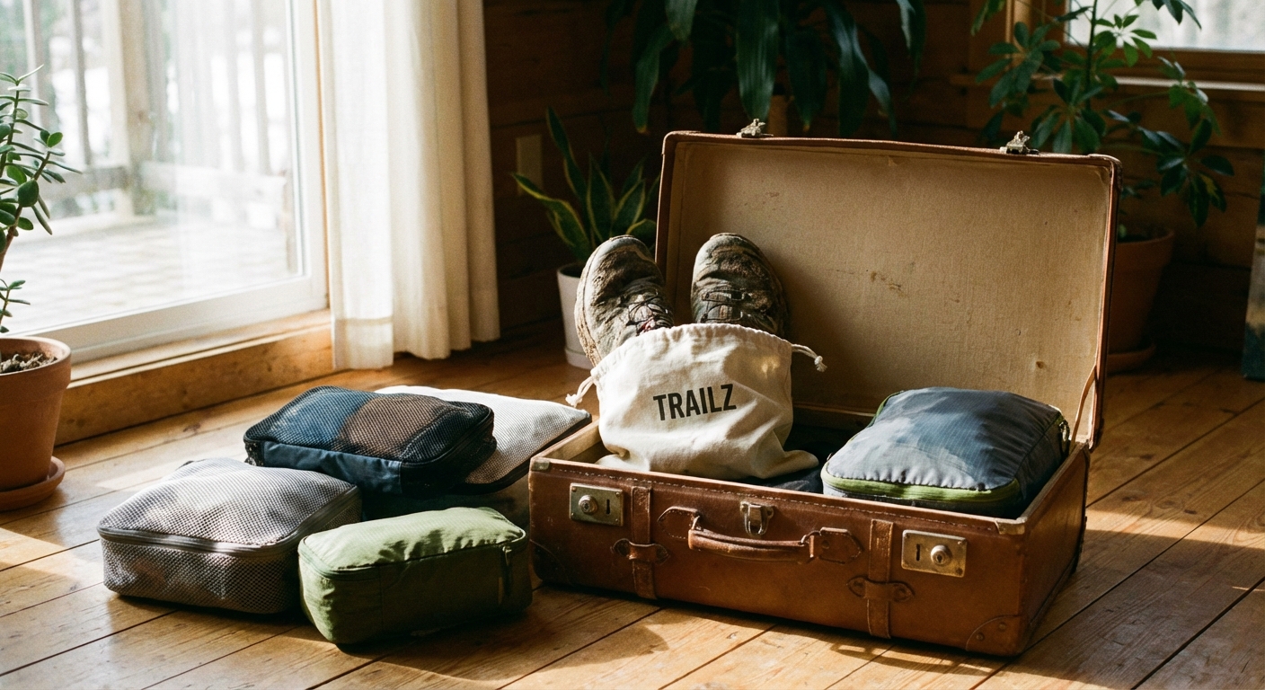 A pair of trail running shoes in a fabric shoe bag placed inside an open suitcase next to packing cubes, photographed in soft window light