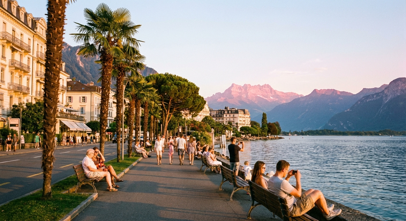A palm-lined promenade in Montreux beside Lake Geneva with mountains in the distance and people walking along the waterfront in early evening light, photorealistic travel photography