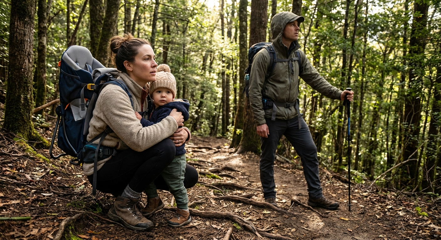 A parent holding a small child close while standing on a forest hiking trail with another adult nearby, alert posture and realistic outdoor photography