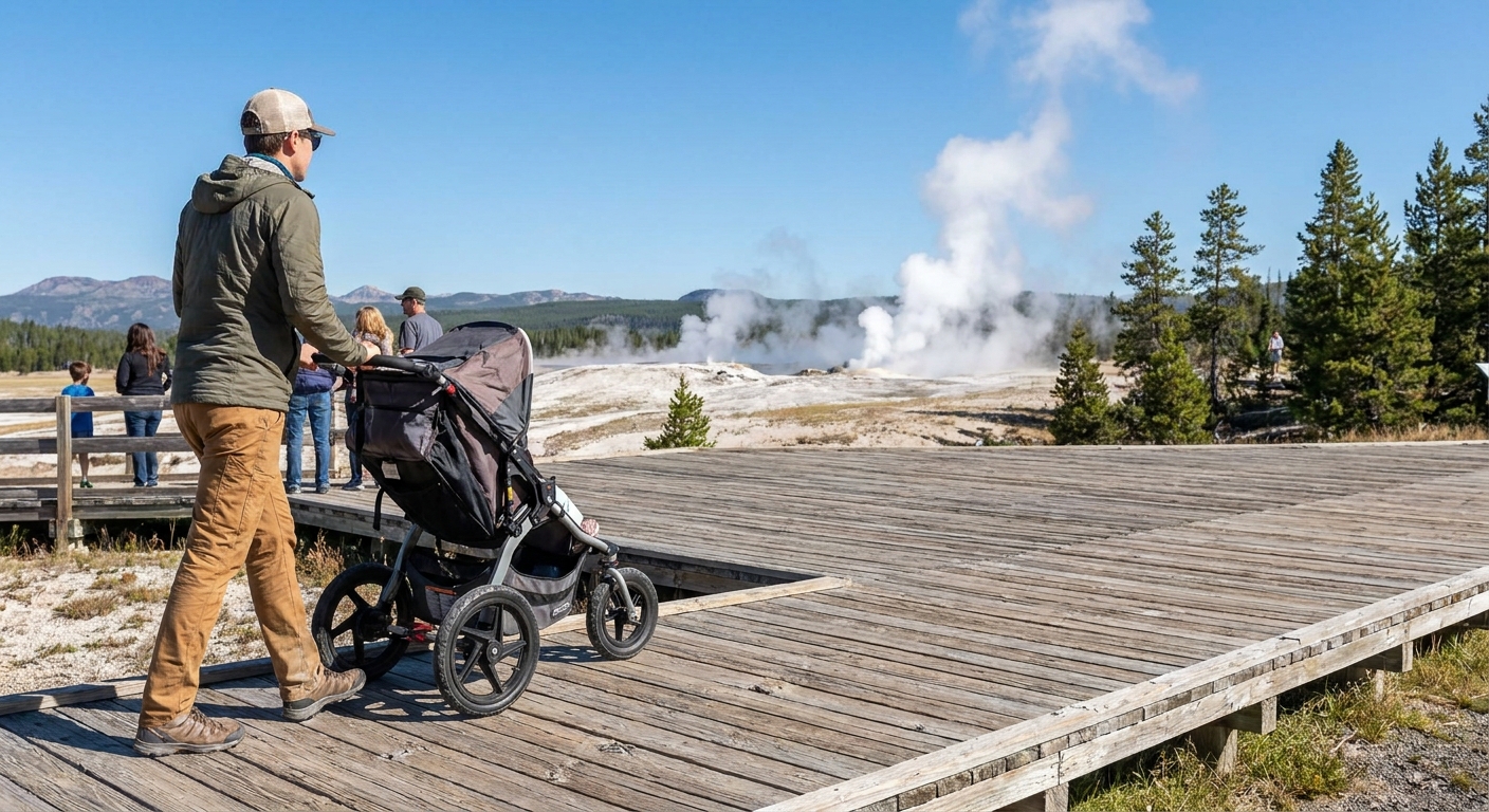 A parent pushing a stroller on a wide wooden boardwalk with geothermal steam rising in the background, bright summer daylight, national park travel photograph