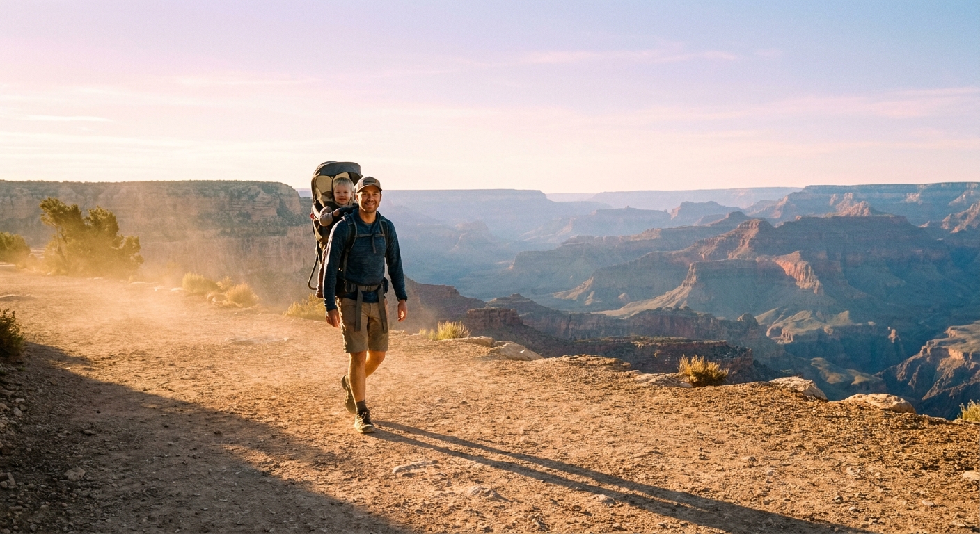 A parent wearing a hiking child carrier on a wide dirt trail with canyon views in the distance, early morning light, national park photography