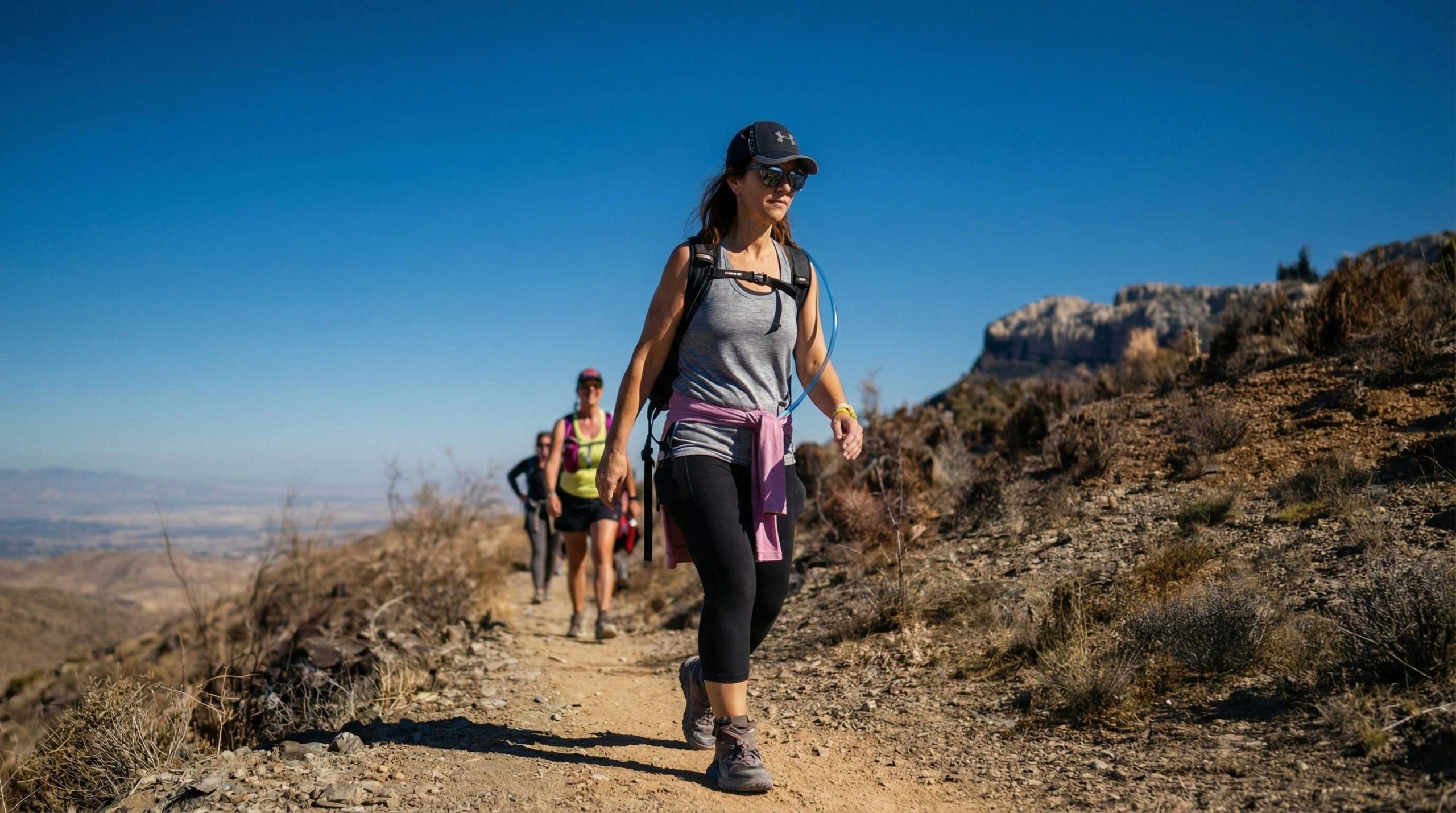 A park ranger at a windy mountain trailhead checking on a bundled hiker who looks cold and fatigued, real photograph