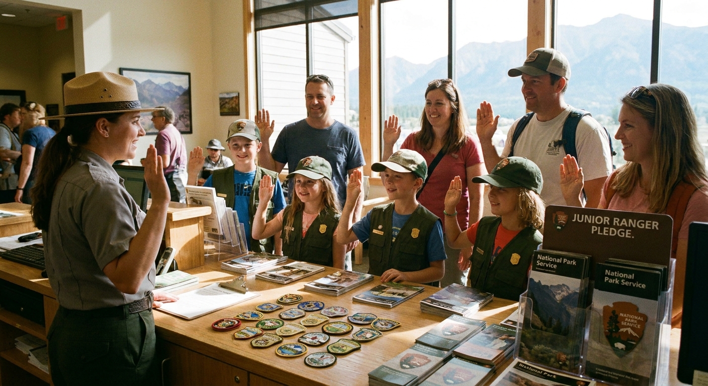 A park ranger leading a small group of kids and parents in the Junior Ranger pledge inside a national park visitor center, with badge patches and brochures on a counter, candid travel photo