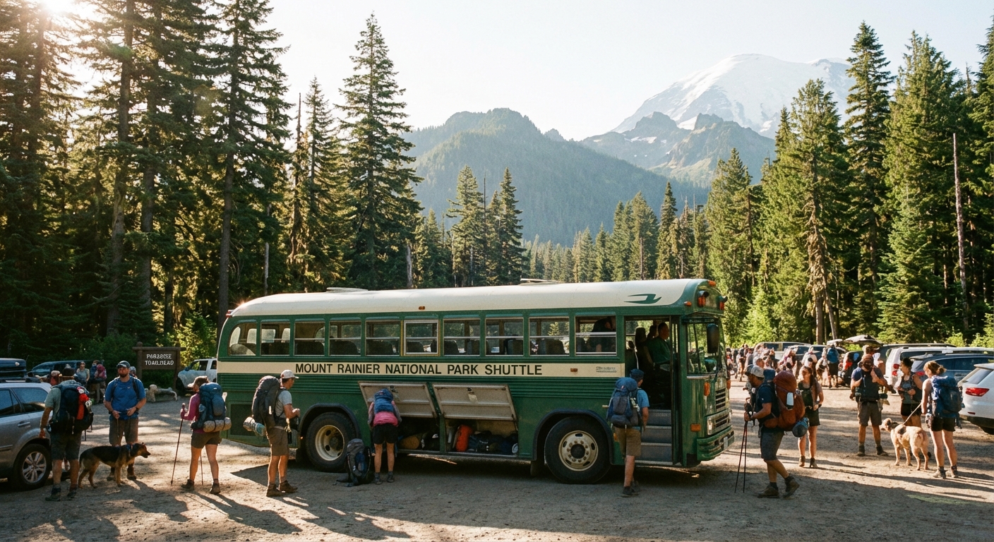 A park shuttle bus parked at a busy trailhead with hikers loading backpacks, bright summer afternoon light, evergreen trees and mountains in the background