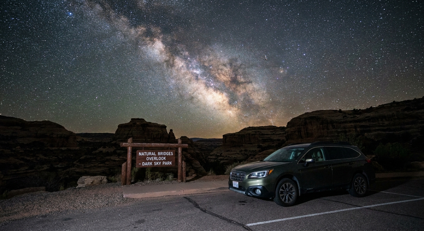A parked car fully in a paved pullout at a Natural Bridges National Monument overlook at night with a wide starry sky above, headlights off