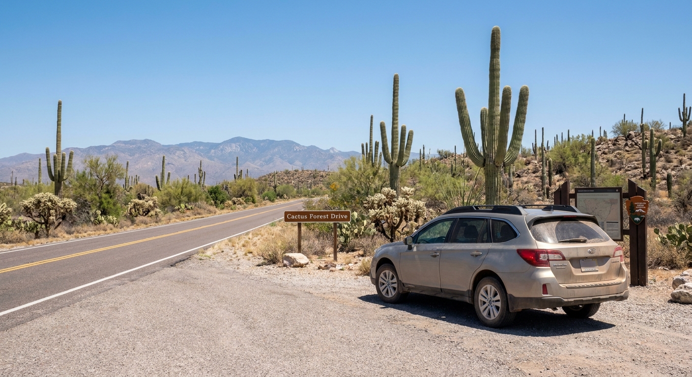 A parked car in a designated pullout along Cactus Forest Drive in Saguaro National Park East with tall saguaros and desert shrubs under bright midday sky, realistic travel photography