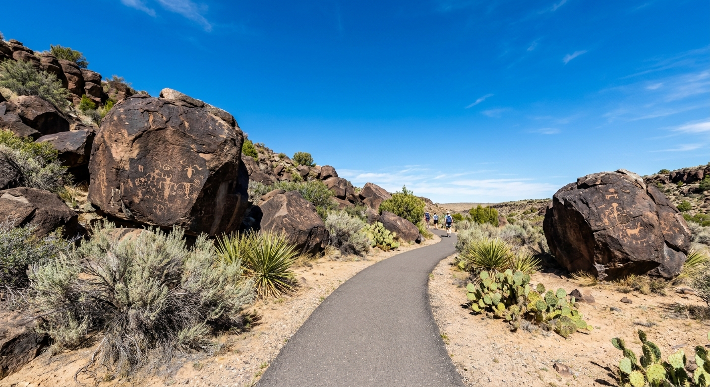 A paved walking path at Boca Negra Canyon curving past dark basalt boulders and desert shrubs under a bright New Mexico sky