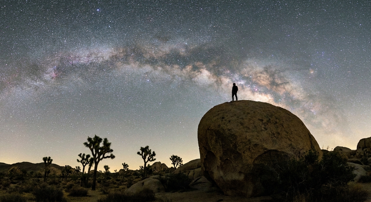 A person silhouetted on a rounded boulder in Joshua Tree at night with the Milky Way faintly visible and stars scattered across the sky